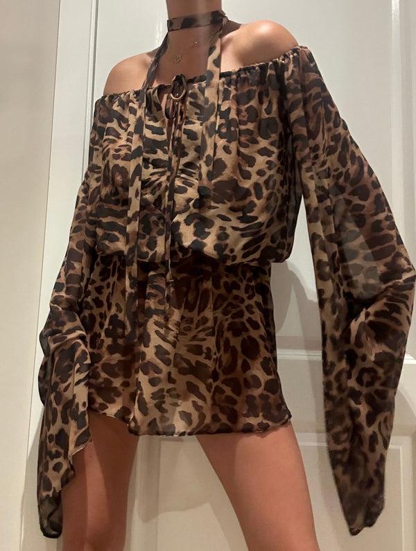 John Varvatos Leopard Chiffon Off Shoulder Extreme Sleeve Mini Dress