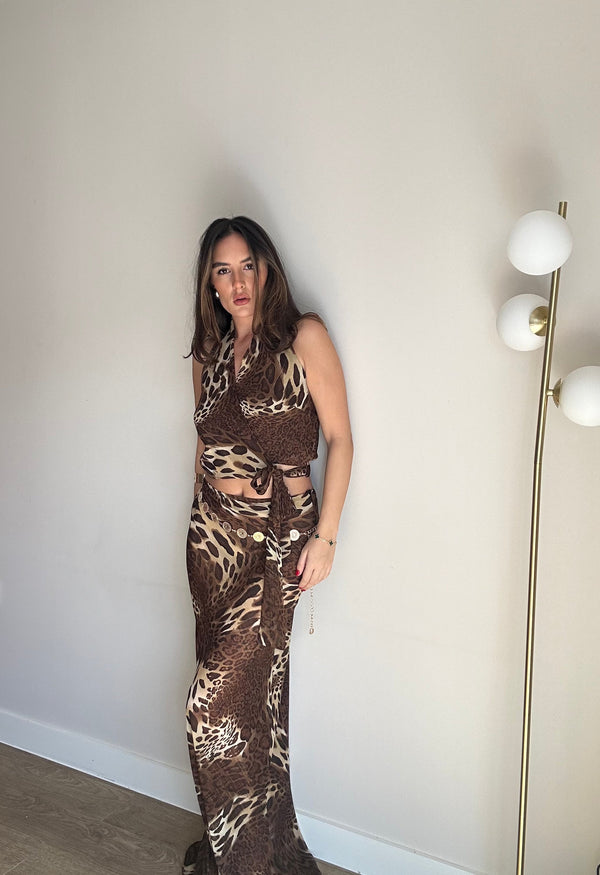 John Varvatos Leopard Chiffon Wrap Top And Maxi Skirt