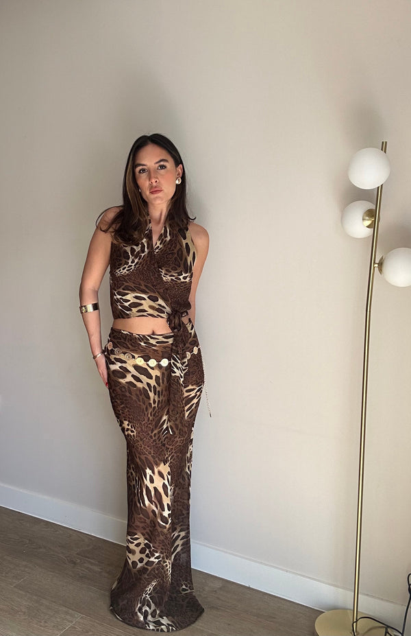john varvatos Leopard Chiffon Wrap Top And Maxi Skirt