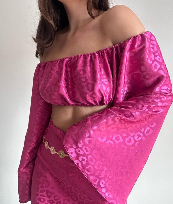 John Varvatos Leopard Jaquard Satin Crop Top And Maxi Skirt