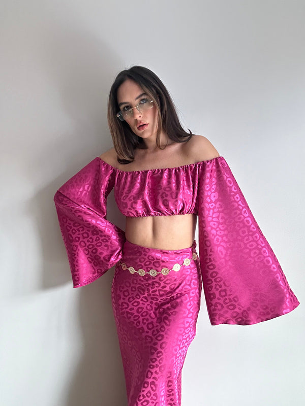 John Varvatos Leopard Jaquard Satin Crop Top And Maxi Skirt