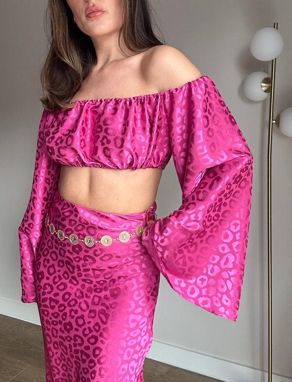 John Varvatos Leopard Jaquard Satin Crop Top And Maxi Skirt