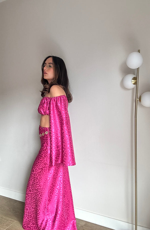 john varvatos Leopard Jaquard Satin Crop Top And Maxi Skirt