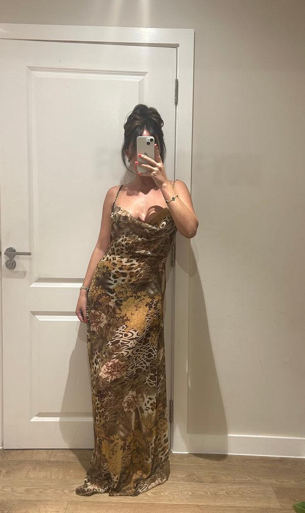 john Varvatos Mesh Leopard Floral Cowl Neck Maxi Dress