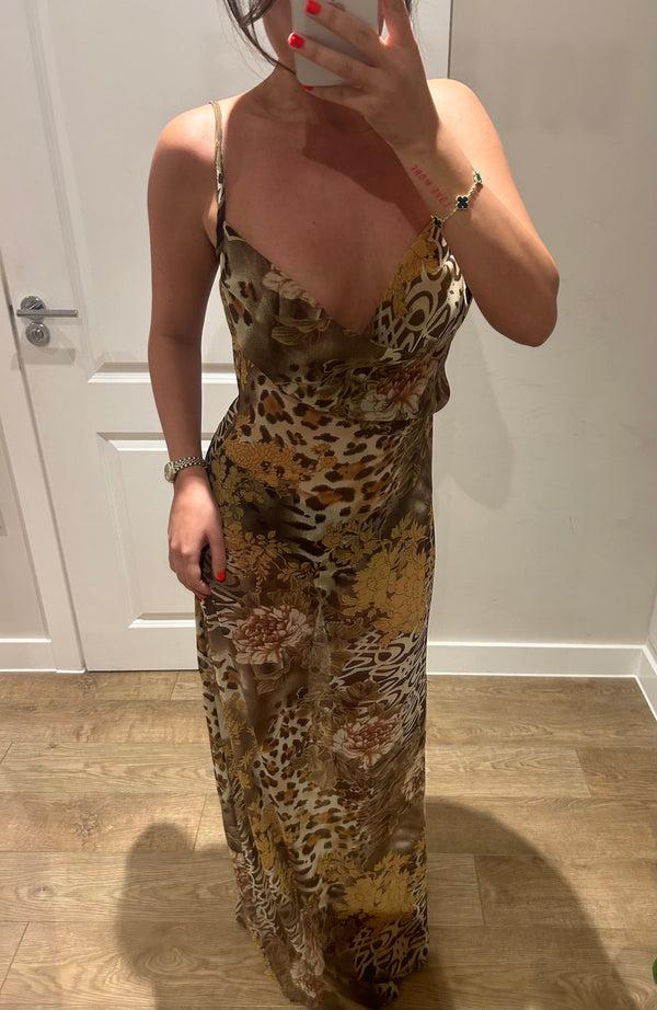 john Varvatos Mesh Leopard Floral Cowl Neck Maxi Dress
