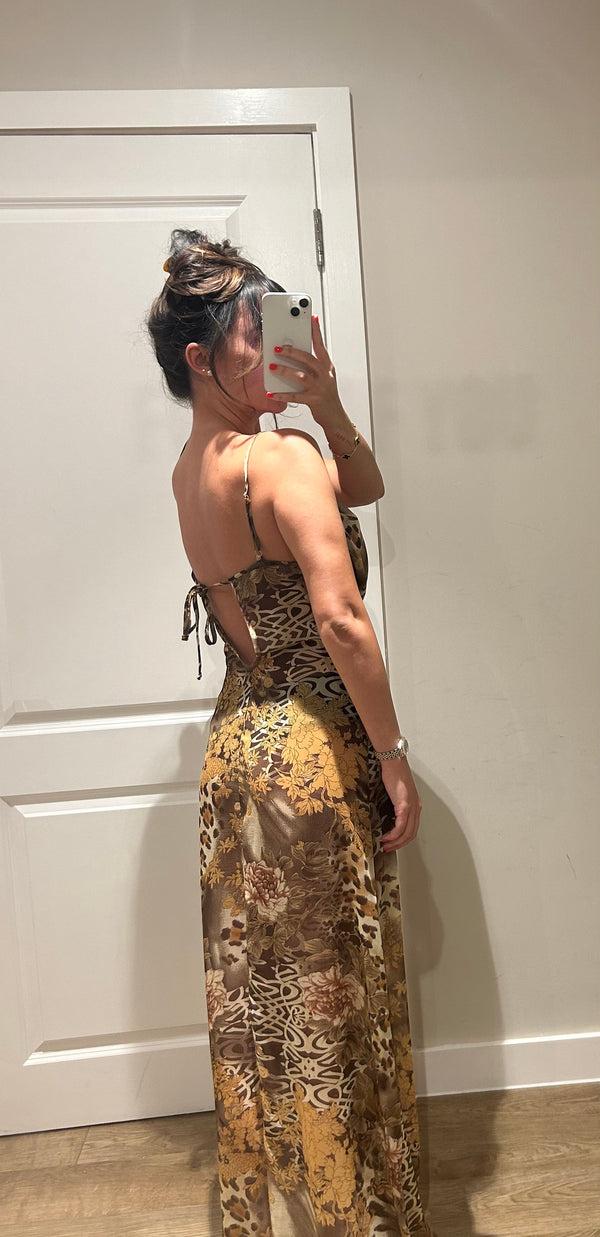 john Varvatos Mesh Leopard Floral Cowl Neck Maxi Dress
