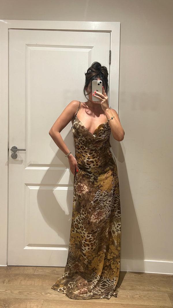 john varvatos Mesh Leopard Floral Cowl Neck Maxi Dress