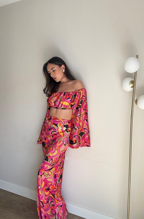 John Varvatos Paisley Satin Crop Top And Maxi Skirt