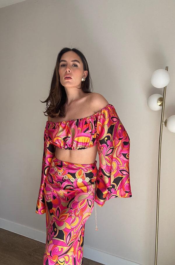 John Varvatos Paisley Satin Crop Top And Maxi Skirt
