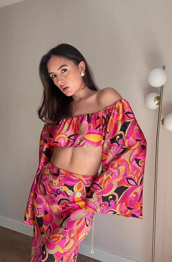 john varvatos Paisley Satin Crop Top And Maxi Skirt