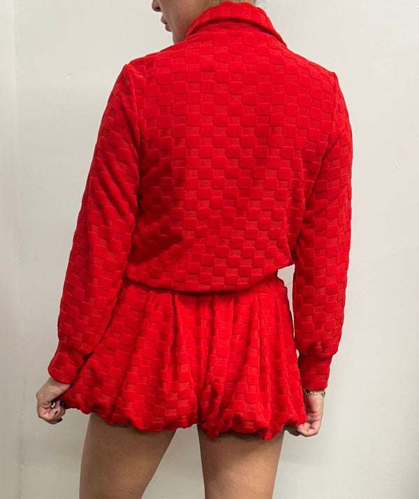 John Varvatos Red Towelling Square Print Shirt And Bloomer Shorts Suit