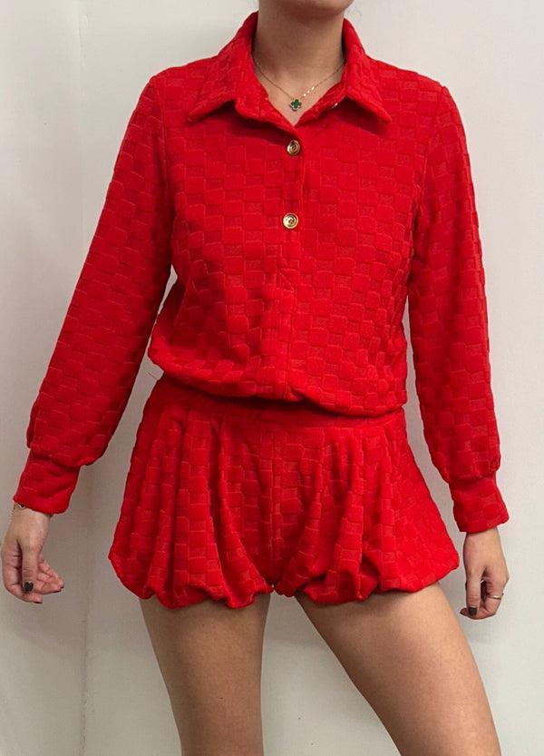 john varvatos Red Towelling Square Print Shirt And Bloomer Shorts Suit