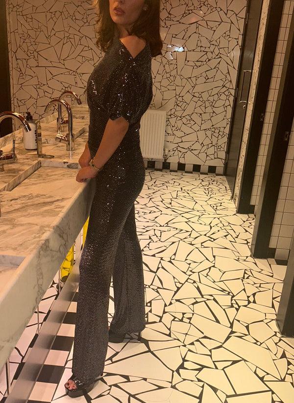 John Varvatos Silver Sequin Ruch Top And Trouser Suit