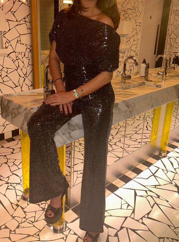 john varvatos Silver Sequin Ruch Top and Trouser Suit