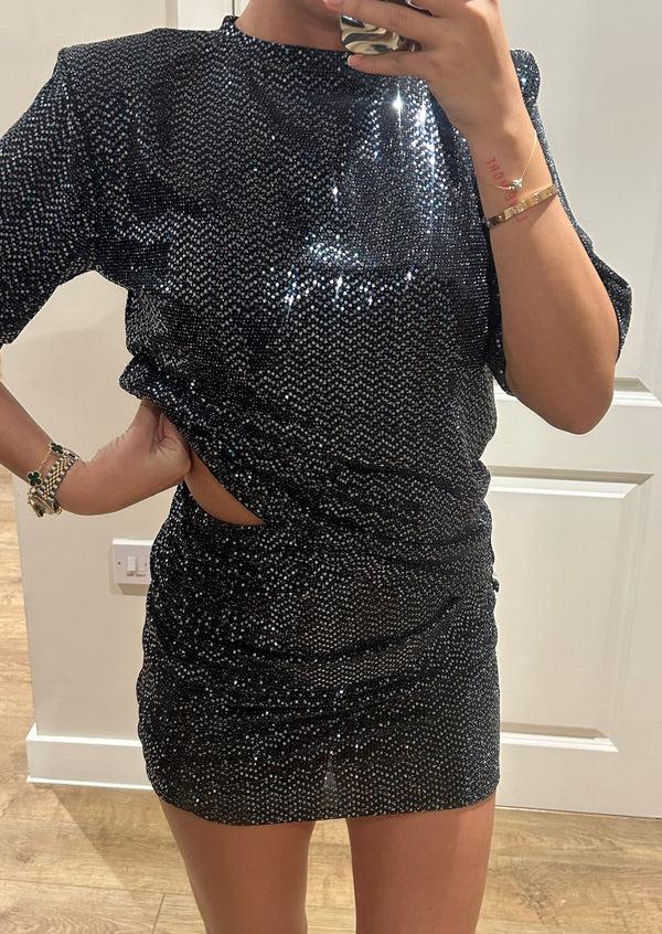 John Varvatos Silver Sequin T-shirt And Mini Skirt Suit