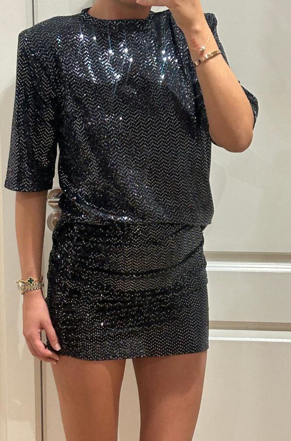 John Varvatos Silver Sequin T-shirt And Mini Skirt Suit