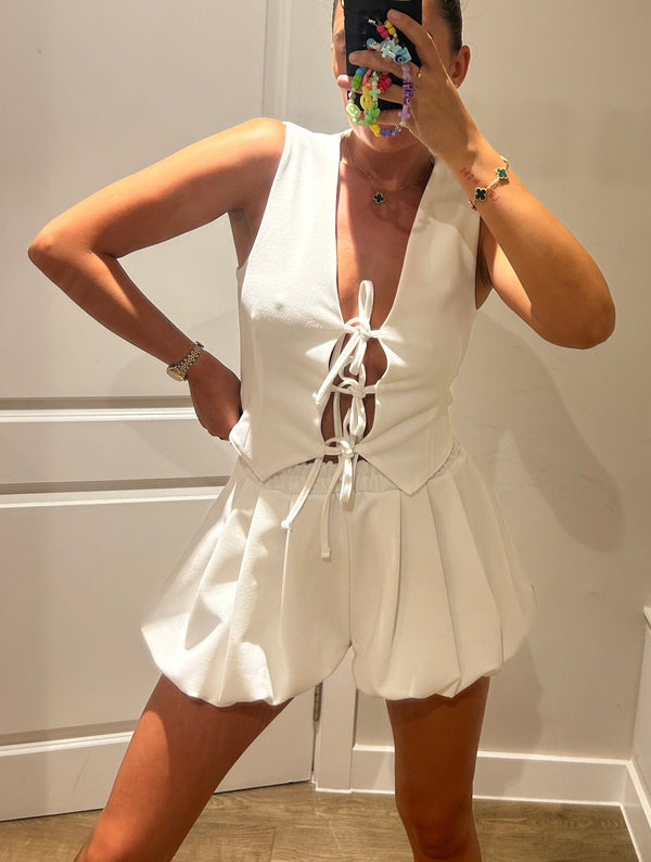 John Varvatos White Tie Up Waistcoat And Bloomer Shorts Set