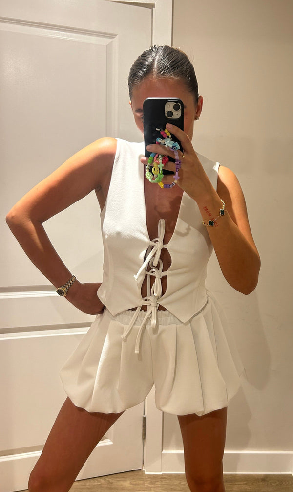 john varvatos White Tie Up Waistcoat And Bloomer Shorts Set