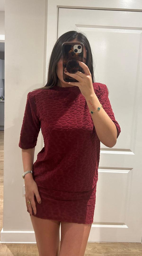John Varvatos Wine Terry Towelling Pebble Print T-shirt & Mini Skirt