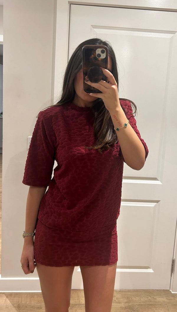 John Varvatos Wine Terry Towelling Pebble Print T-shirt & Mini Skirt