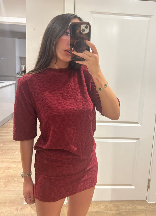 john varvatos Wine Terry Towelling Pebble Print T-shirt & Mini Skirt