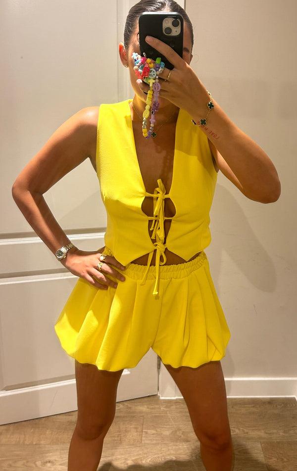 john varvatos Yellow Tie Up Waistcoat And Bloomer Shorts Set