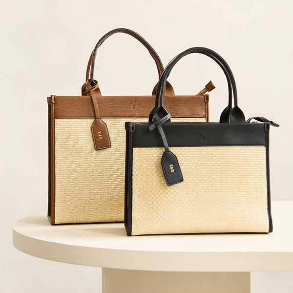 Johnny Loves Rosie Capri Midi Black Luxe Vegan Leather And Raffia Tote Bag - Black