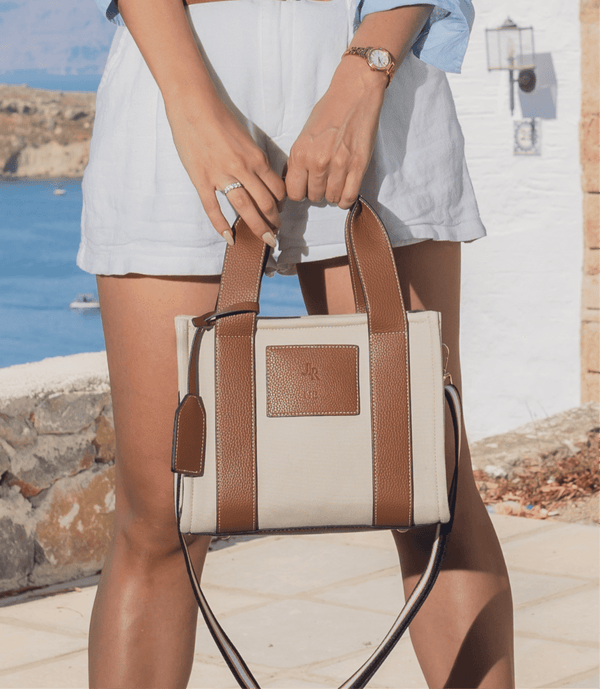 Johnny Loves Rosie Porto Midi Tan Luxe Vegan Leather And Canvas Tote Bag