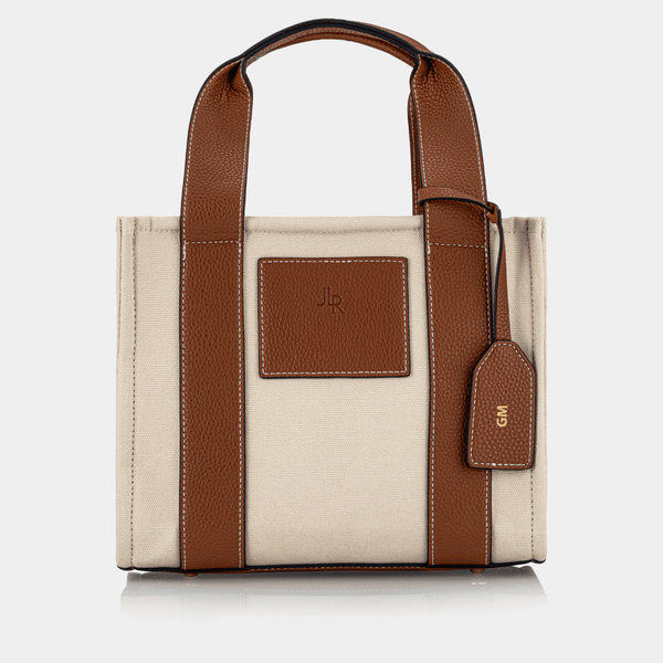 johnny loves rosie Porto Midi Tan luxe vegan leather and canvas tote bag johnny loves rosie Porto Midi Tan luxe vegan leather and canvas tote bag