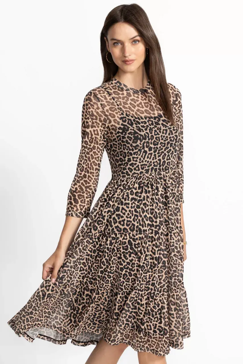 Johnny Was 3/4 SLEEVE MESH TIERED DRESS Chestnut Leopard