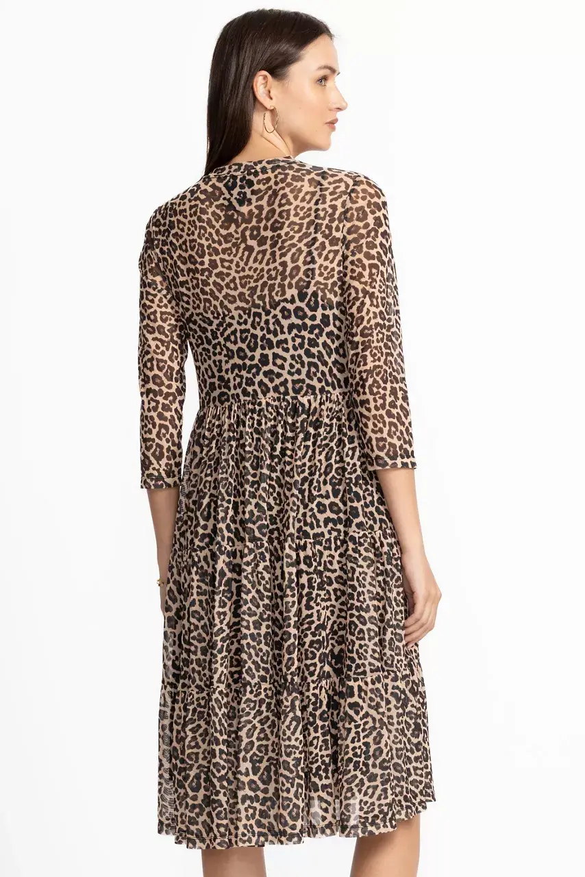 Johnny Was 3/4 SLEEVE MESH TIERED DRESS Chestnut Leopard