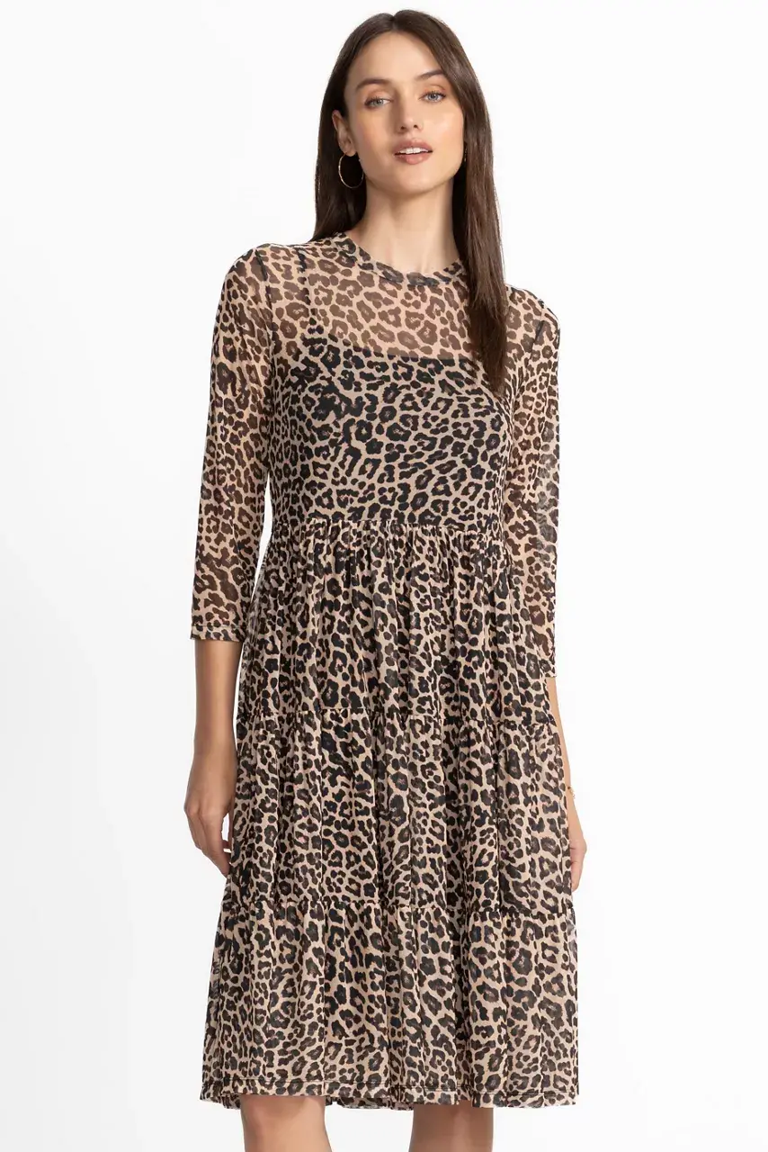 Johnny Was 3/4 SLEEVE MESH TIERED DRESS Chestnut Leopard