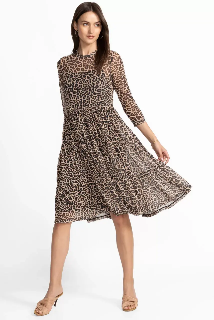 johnny was 3/4 SLEEVE MESH TIERED DRESS Chestnut Leopard