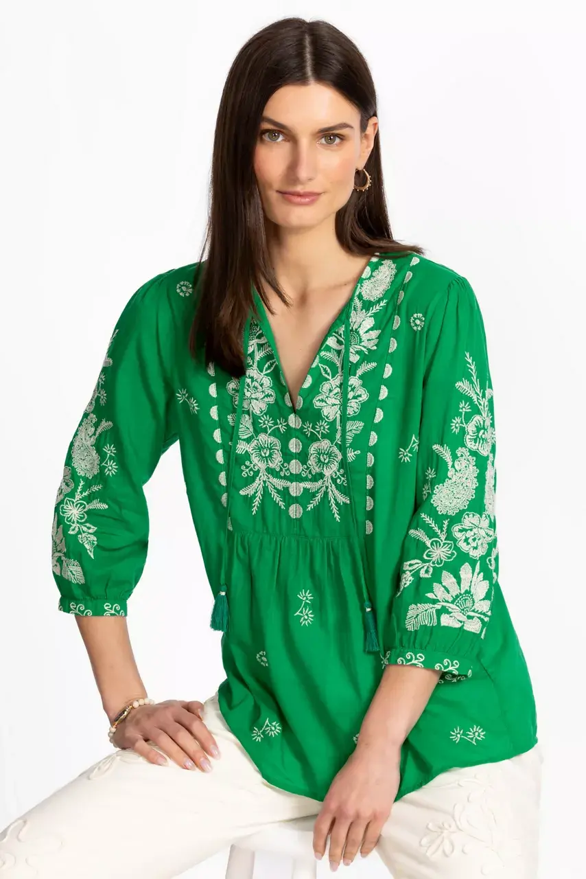 Johnny Was 3/4 SLEEVE PRAIRIE BLOUSE Green Tambourine