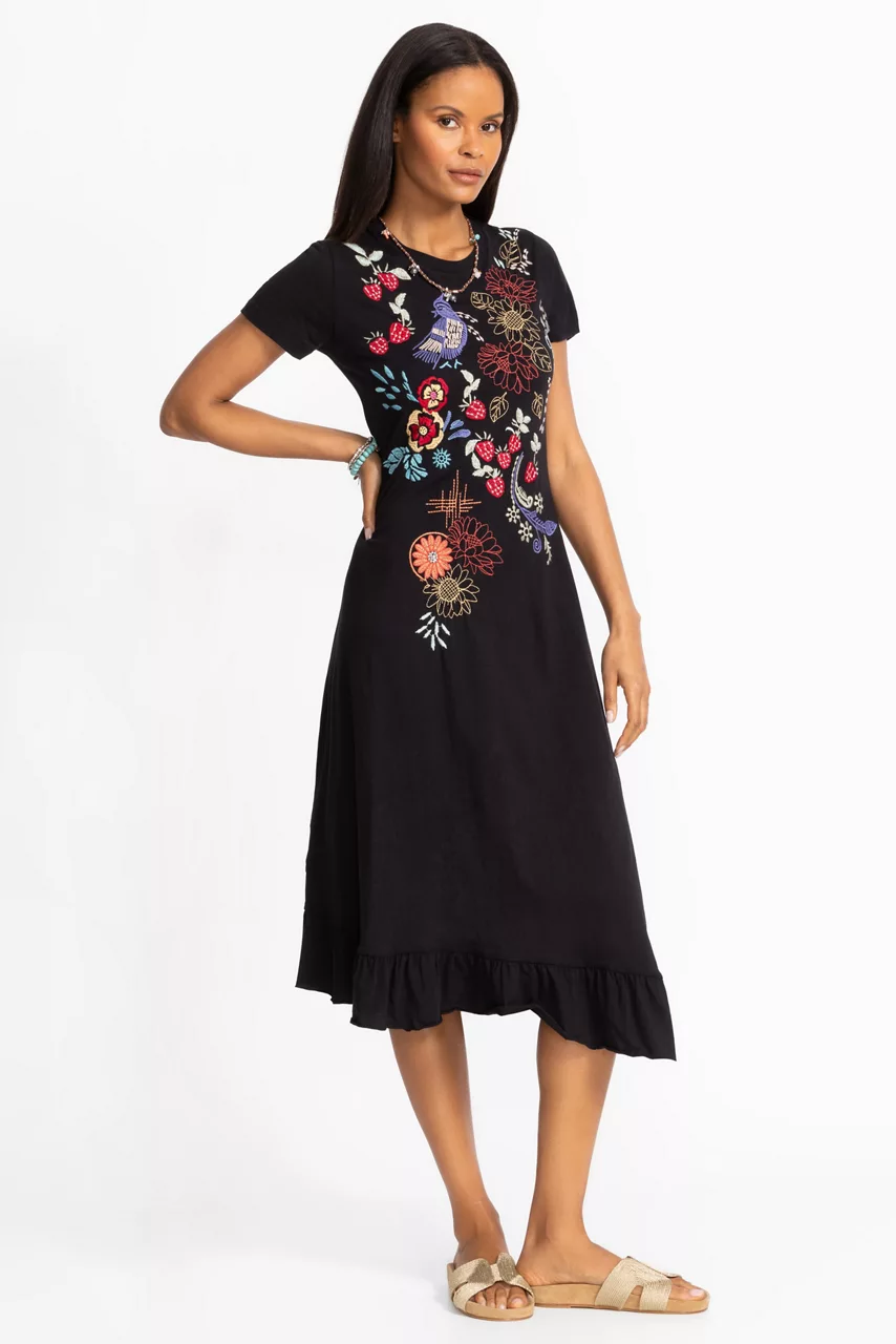 Johnny Was ASYMMETRIC RUFFLE FLOUNCE SHORT SLEEVE DRESS Black