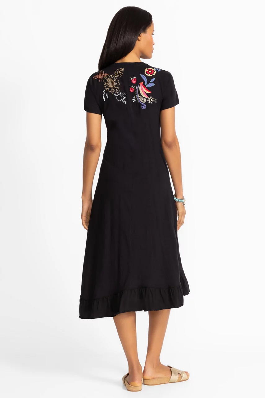 Johnny Was ASYMMETRIC RUFFLE FLOUNCE SHORT SLEEVE DRESS Black