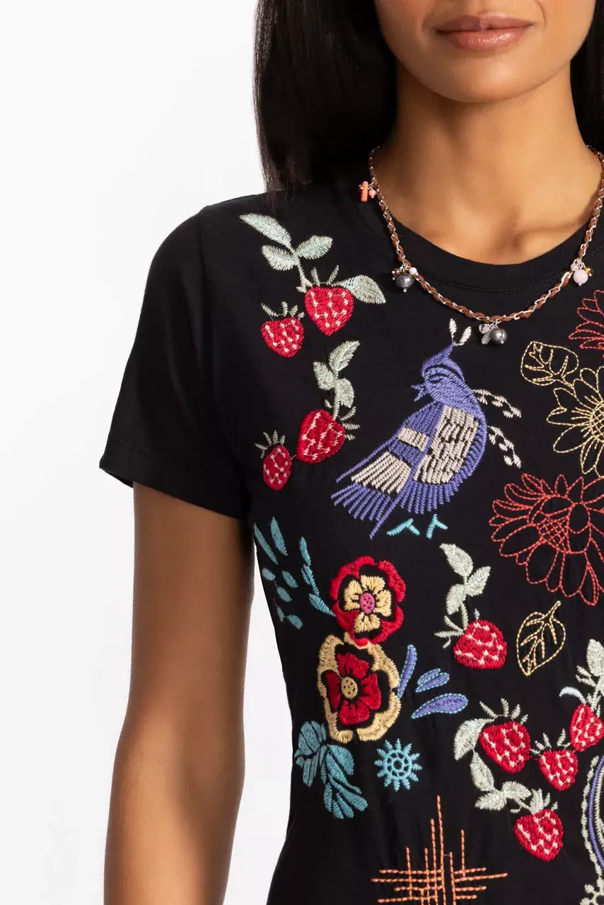 Johnny Was ASYMMETRIC RUFFLE FLOUNCE SHORT SLEEVE DRESS Black