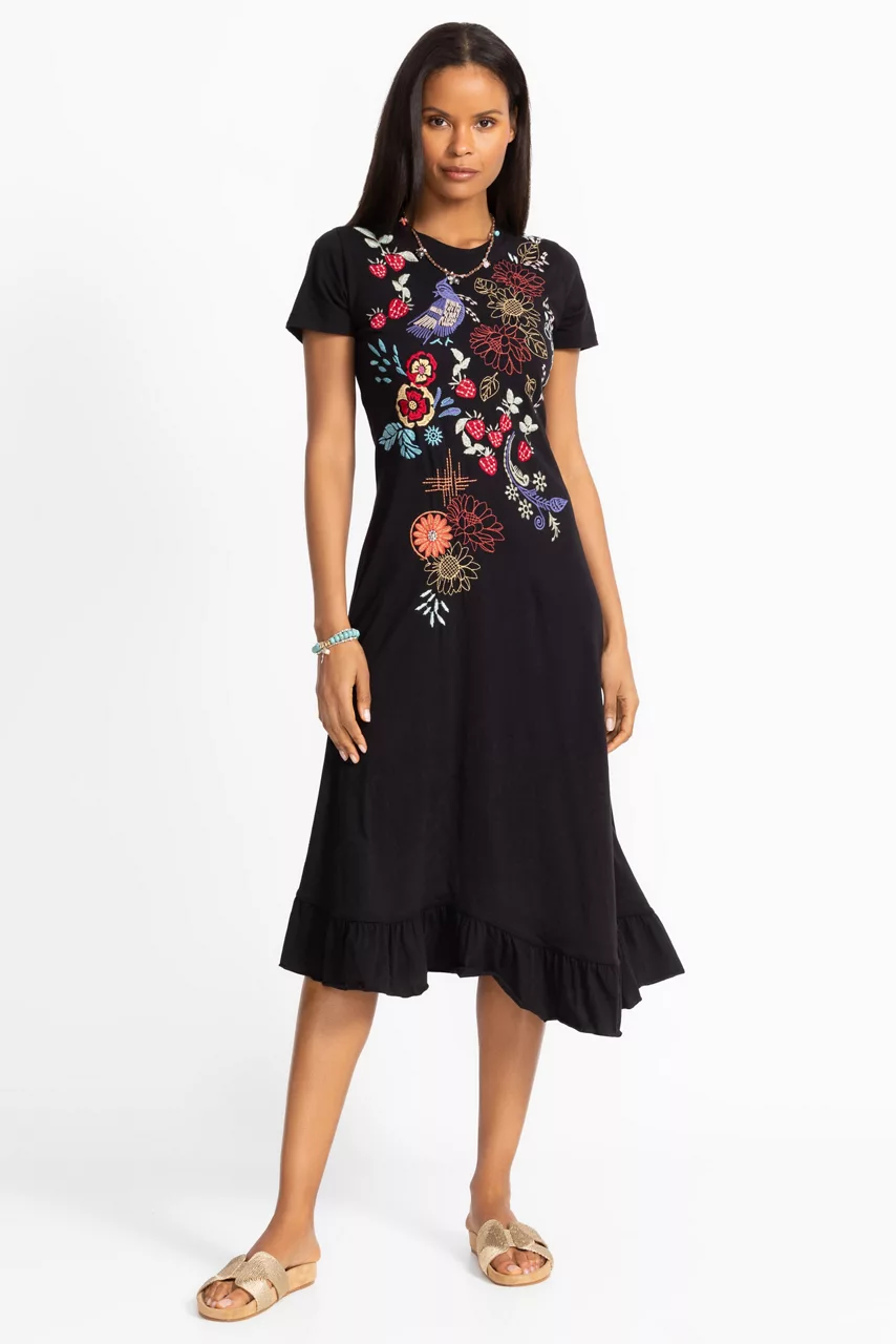 johnny was ASYMMETRIC RUFFLE FLOUNCE SHORT SLEEVE DRESS Black
