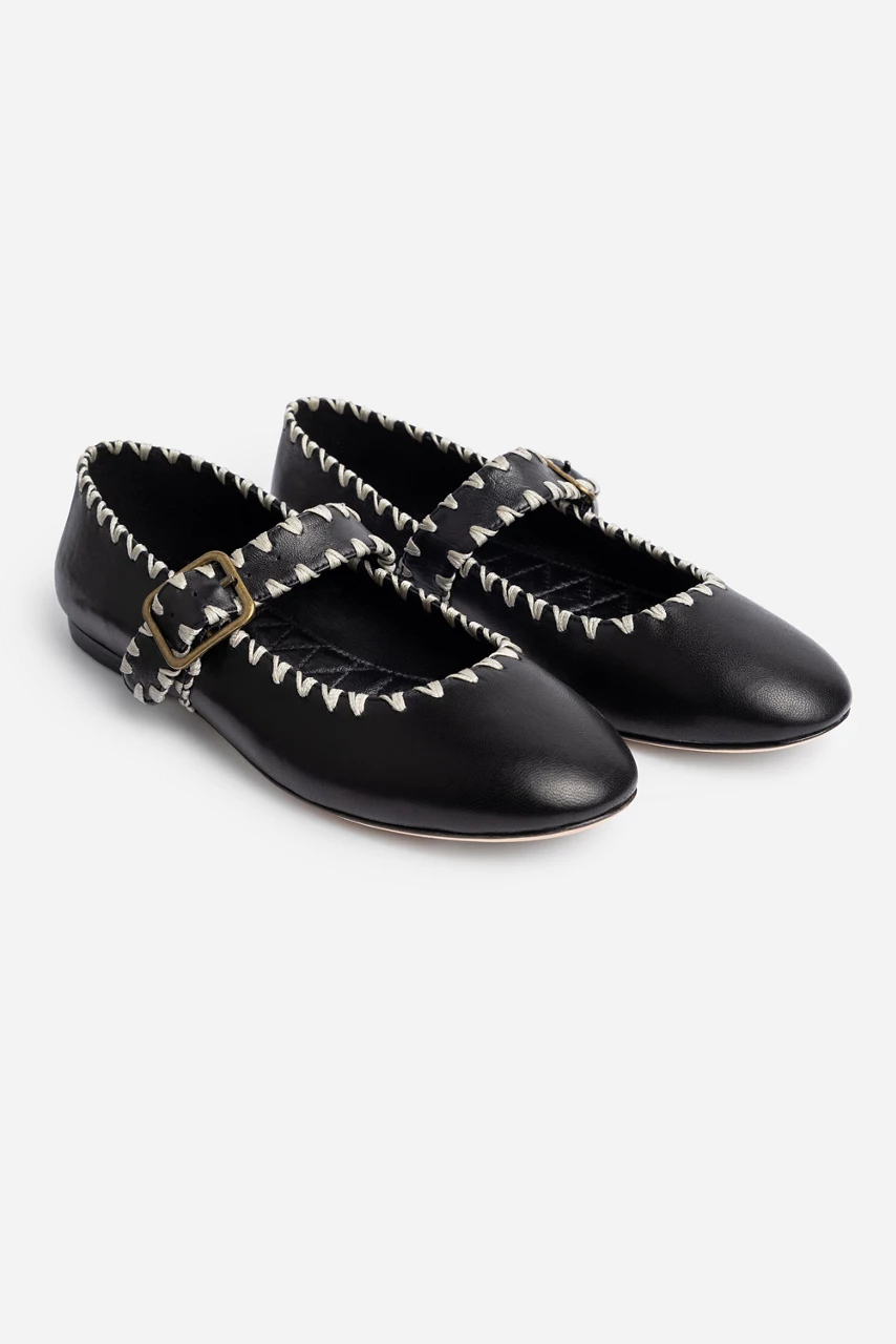 Johnny Was BLANKET STITCH LEATHER MARY JANE FLAT Black