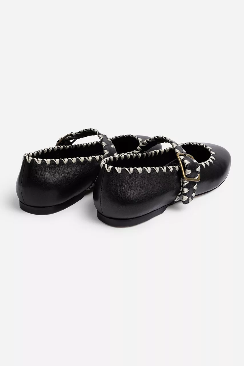 Johnny Was BLANKET STITCH LEATHER MARY JANE FLAT Black