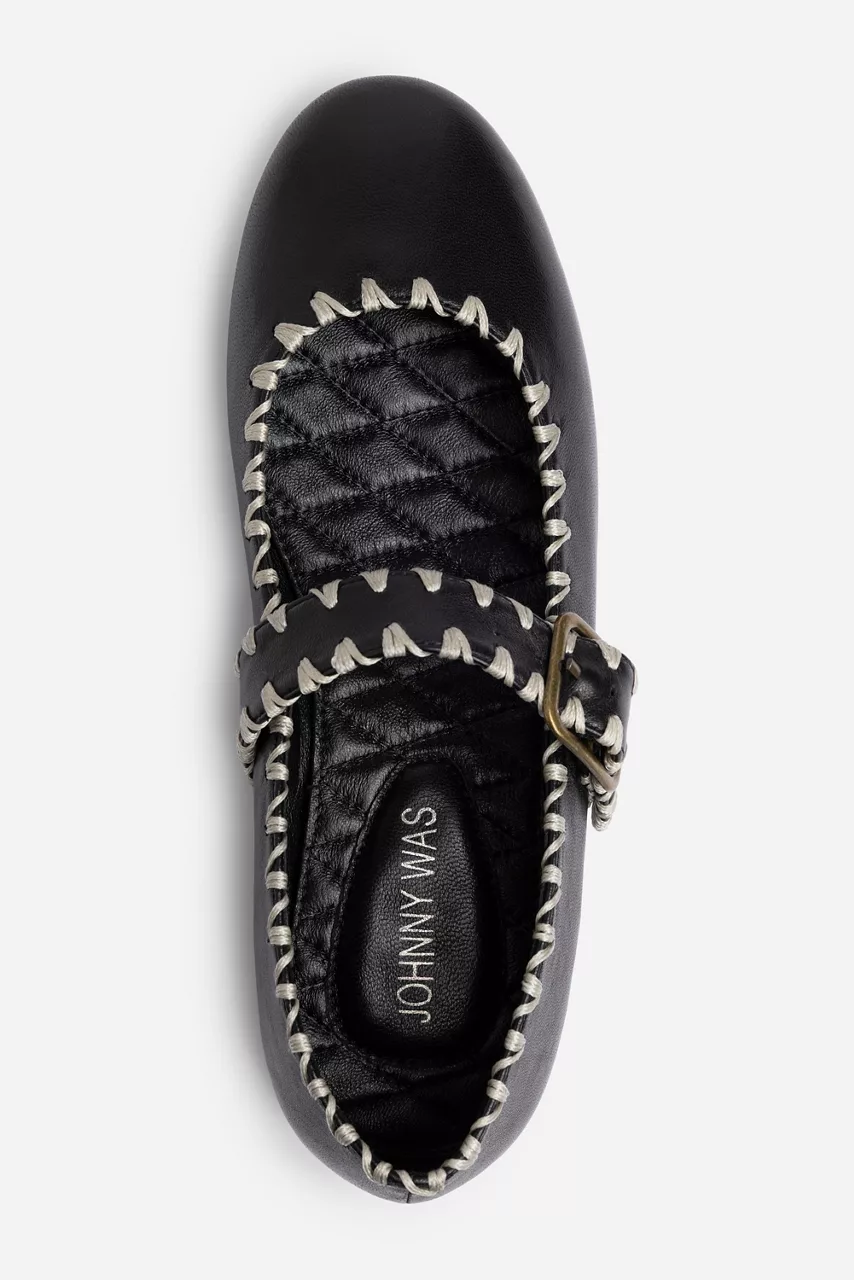 Johnny Was BLANKET STITCH LEATHER MARY JANE FLAT Black