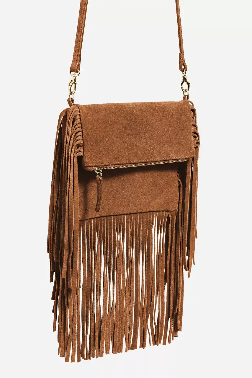 Johnny Was COGNAC ITALIAN SUEDE FOLDOVER FRINGE CROSSBODY Cognac