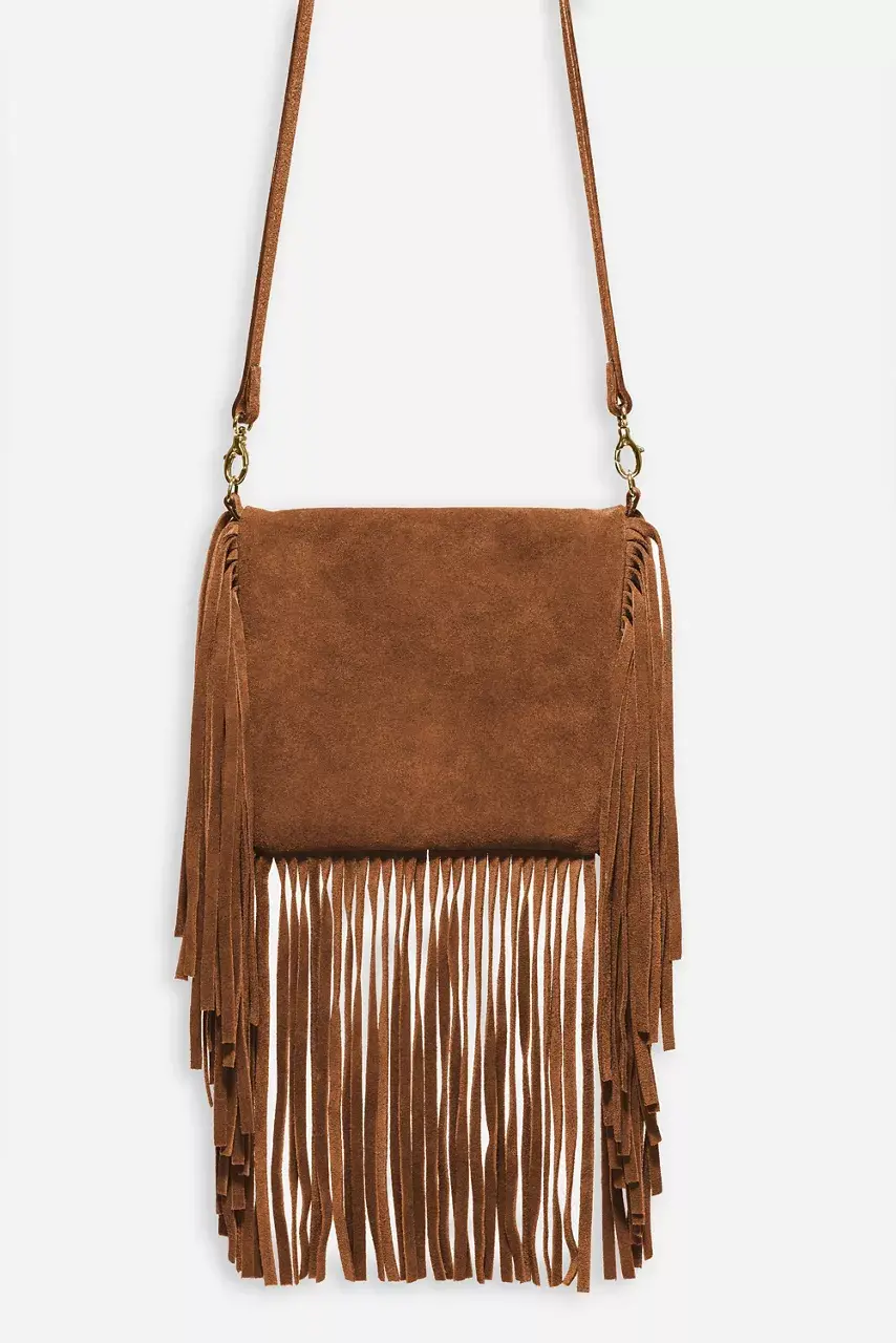 Johnny Was COGNAC ITALIAN SUEDE FOLDOVER FRINGE CROSSBODY Cognac
