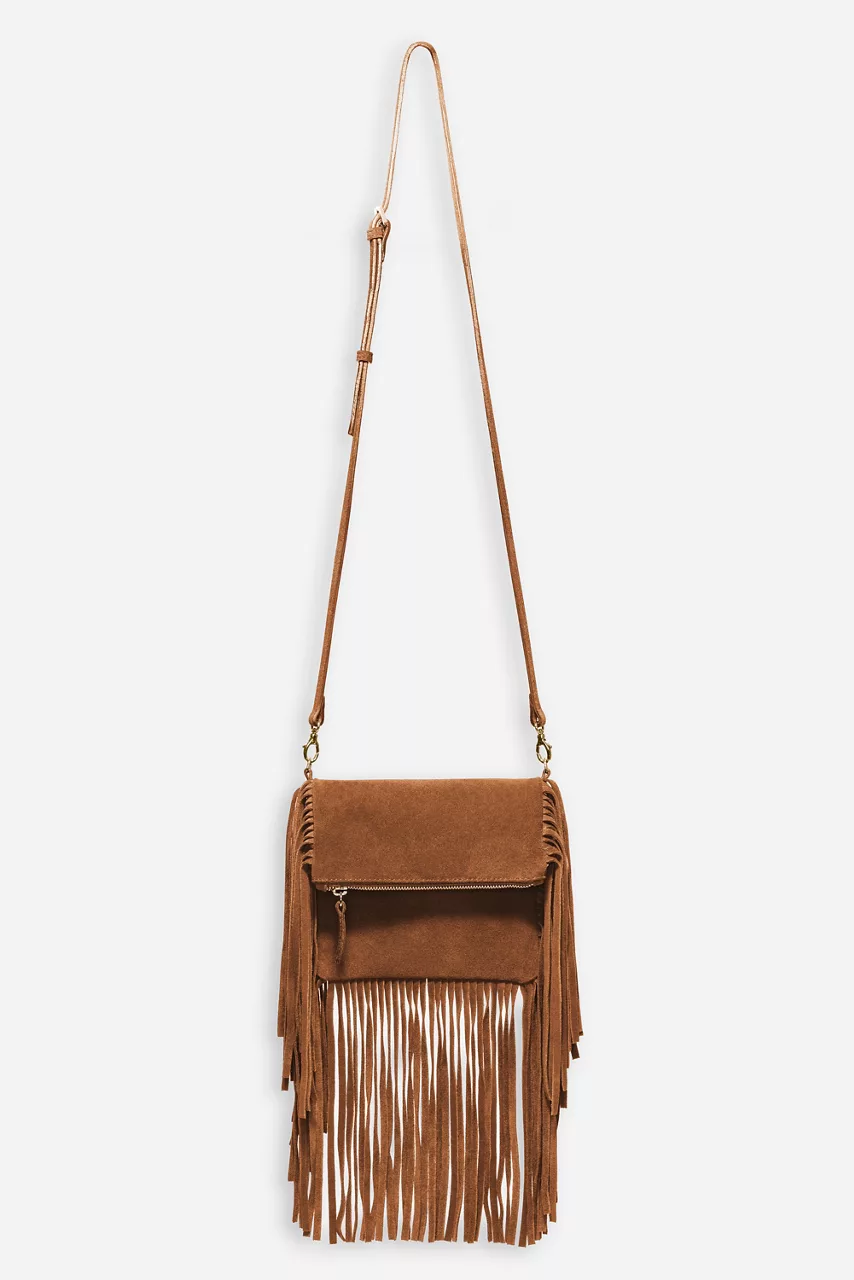 Johnny Was COGNAC ITALIAN SUEDE FOLDOVER FRINGE CROSSBODY Cognac