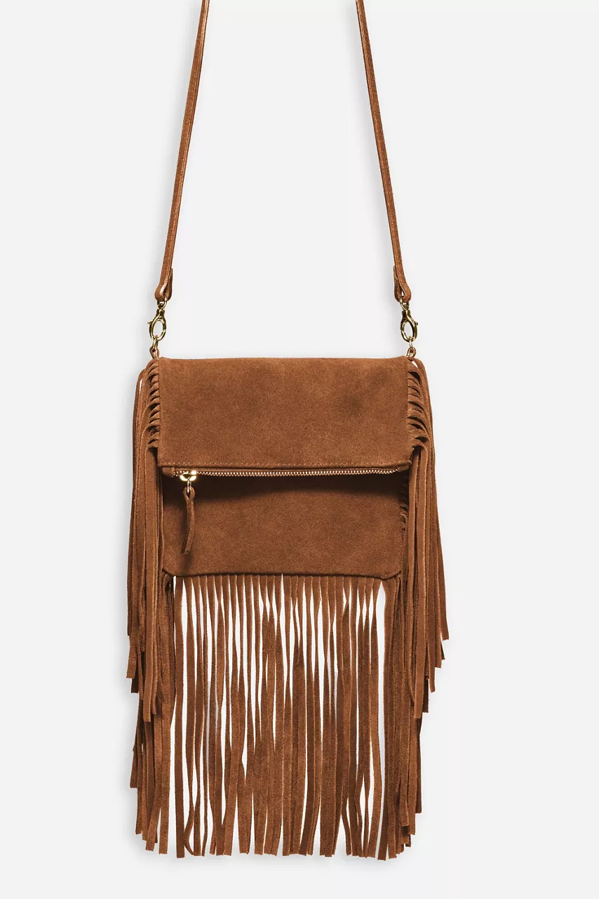 johnny was COGNAC ITALIAN SUEDE FOLDOVER FRINGE CROSSBODY Cognac