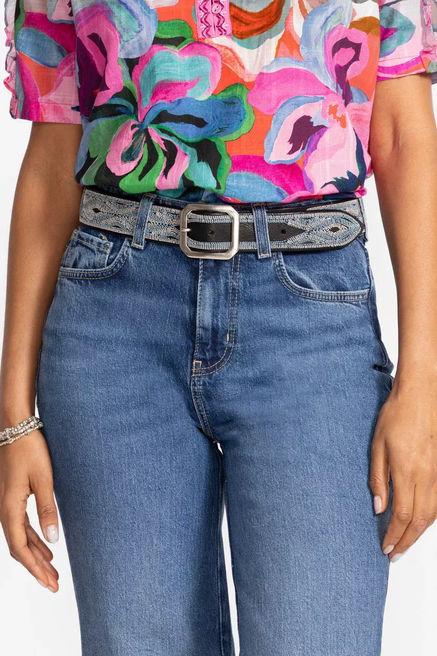 Johnny Was CUCIRE EMBROIDERED ITALIAN LEATHER BELT Black