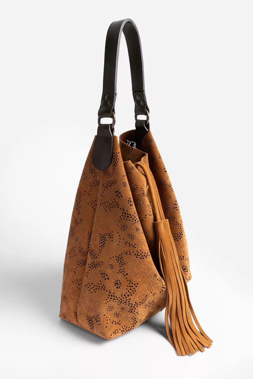 Johnny Was FLORAL ITALIAN PERFORATED SUEDE SLOUCH BAG Cognac