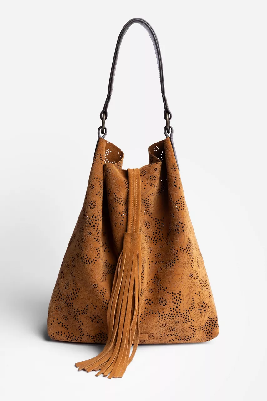 johnny was FLORAL ITALIAN PERFORATED SUEDE SLOUCH BAG Cognac