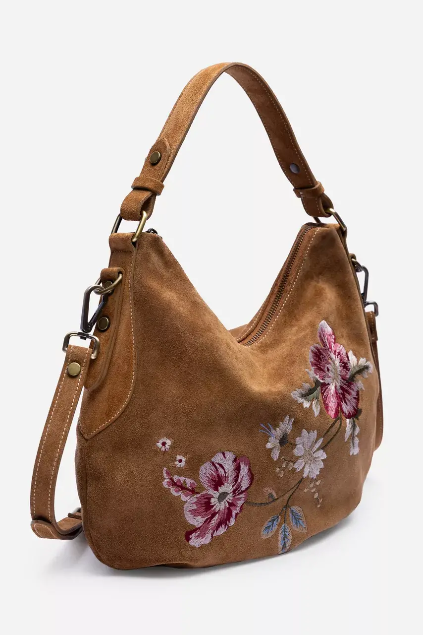 Johnny Was FLORRIE EMBROIDERED ITALIAN SUEDE SADDLE Brandy