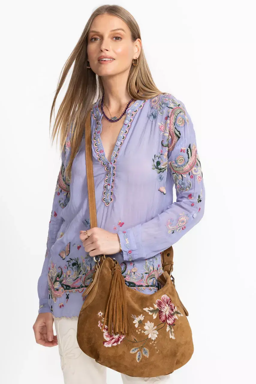 Johnny Was FLORRIE EMBROIDERED ITALIAN SUEDE SADDLE Brandy